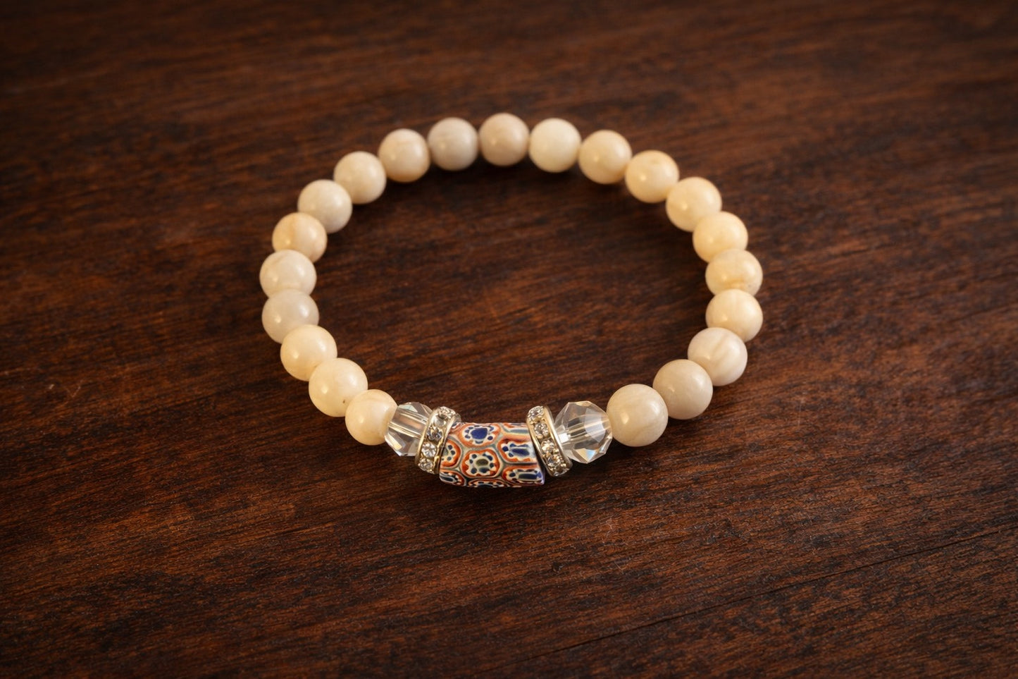 Golden Earth Stretch Bracelet – African Bead, Jasper & Crystal Rondelles