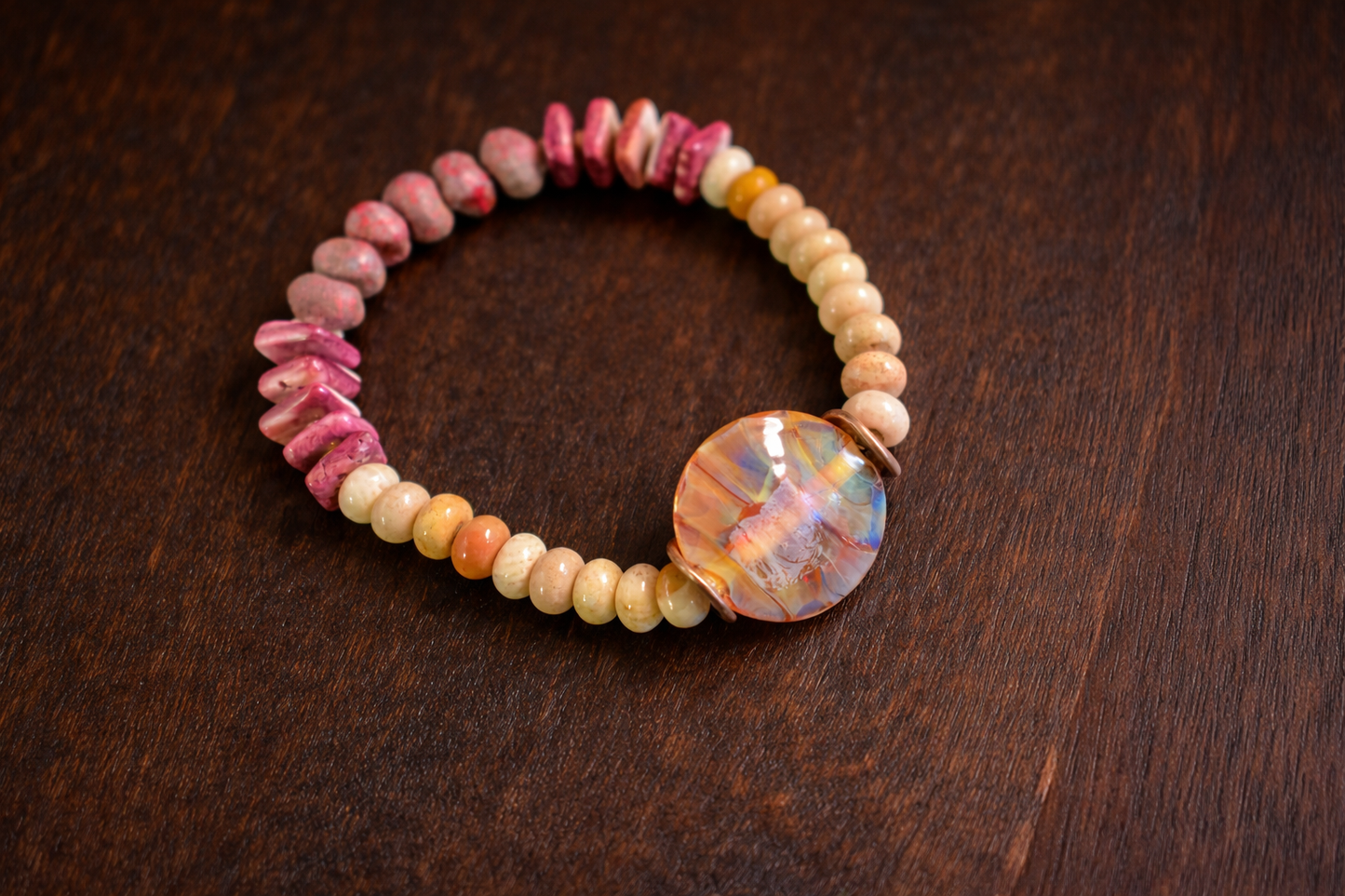Boho Blush Jasper Stretch Bracelet with Artisan Glass Focal