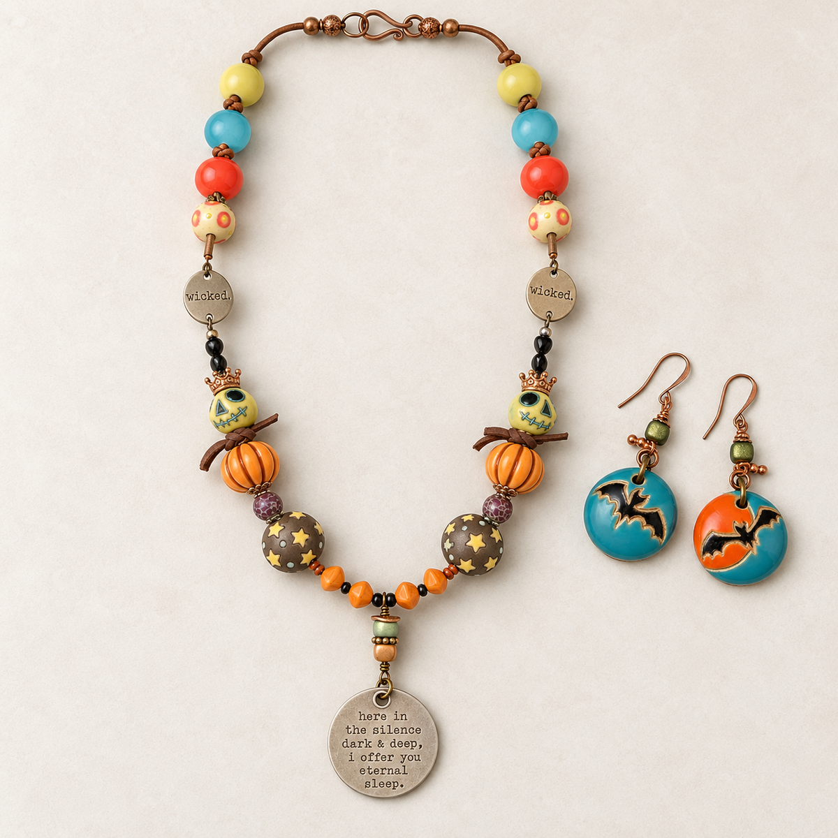 Halloween Skull & Pumpkin Necklace Set with Bat Earrings, 22 Inch