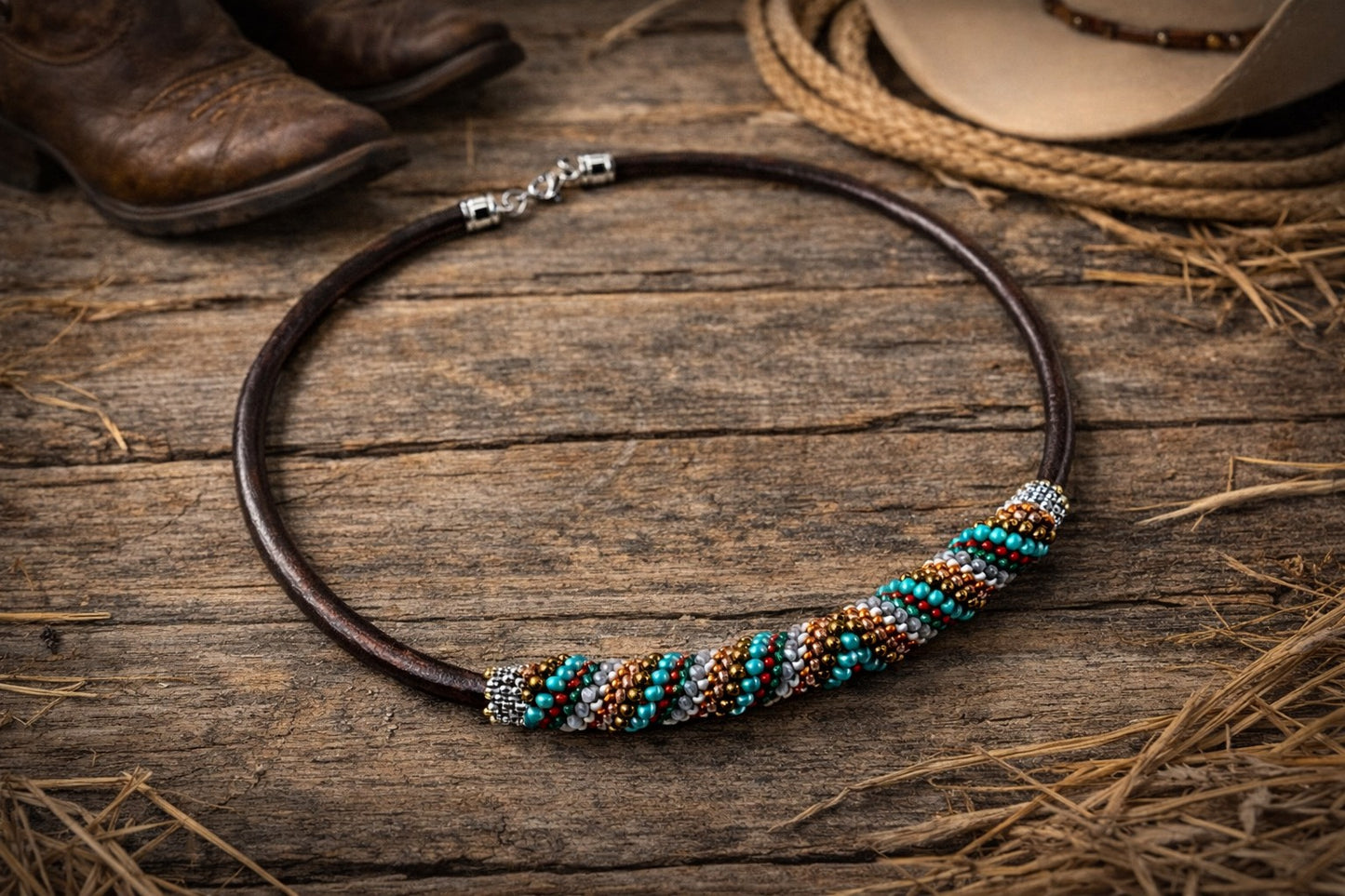 Southwestern Bead & Leather Cellini Spiral Necklace