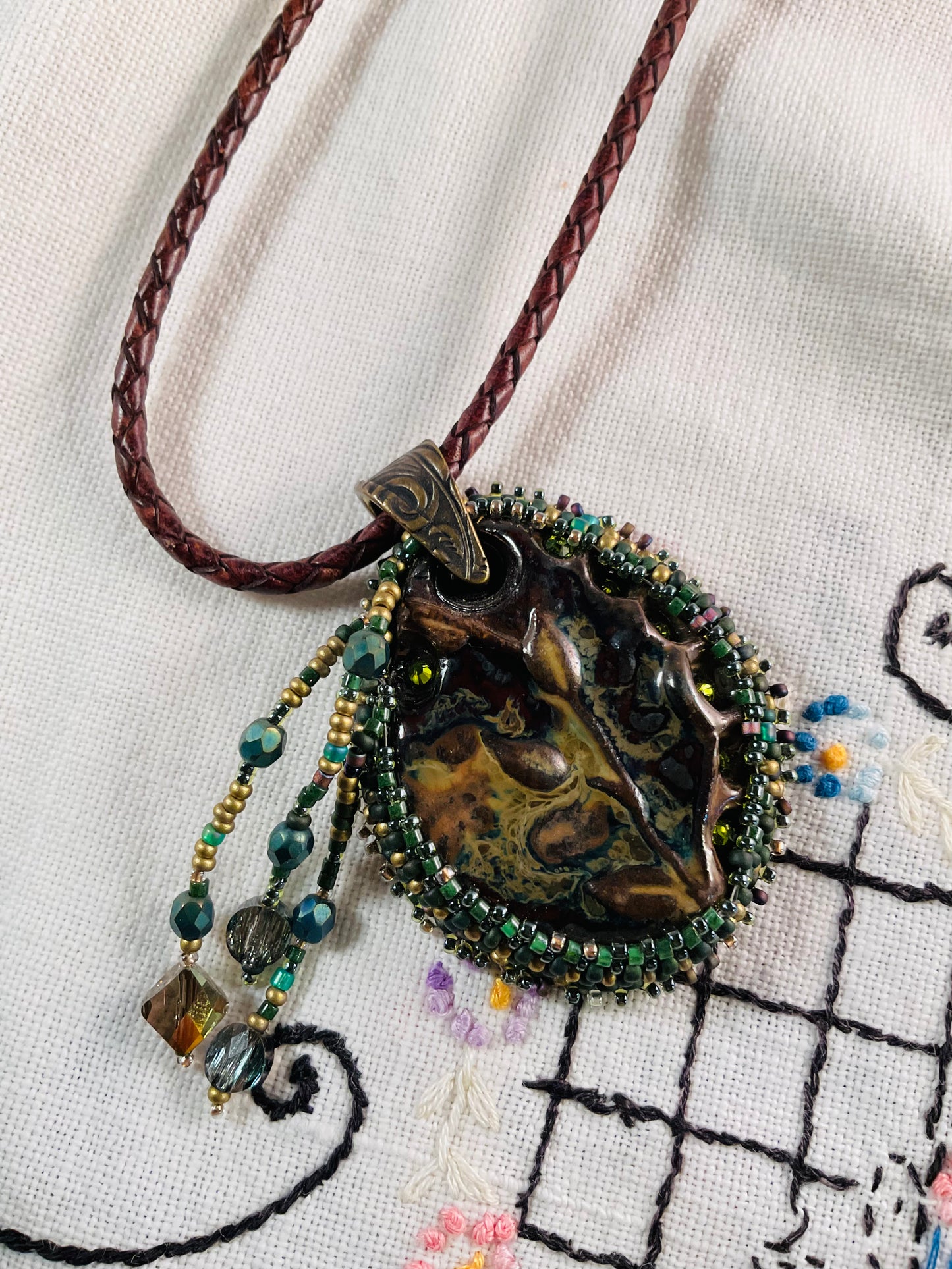 Necklace - Green Raku Beaded Pendant