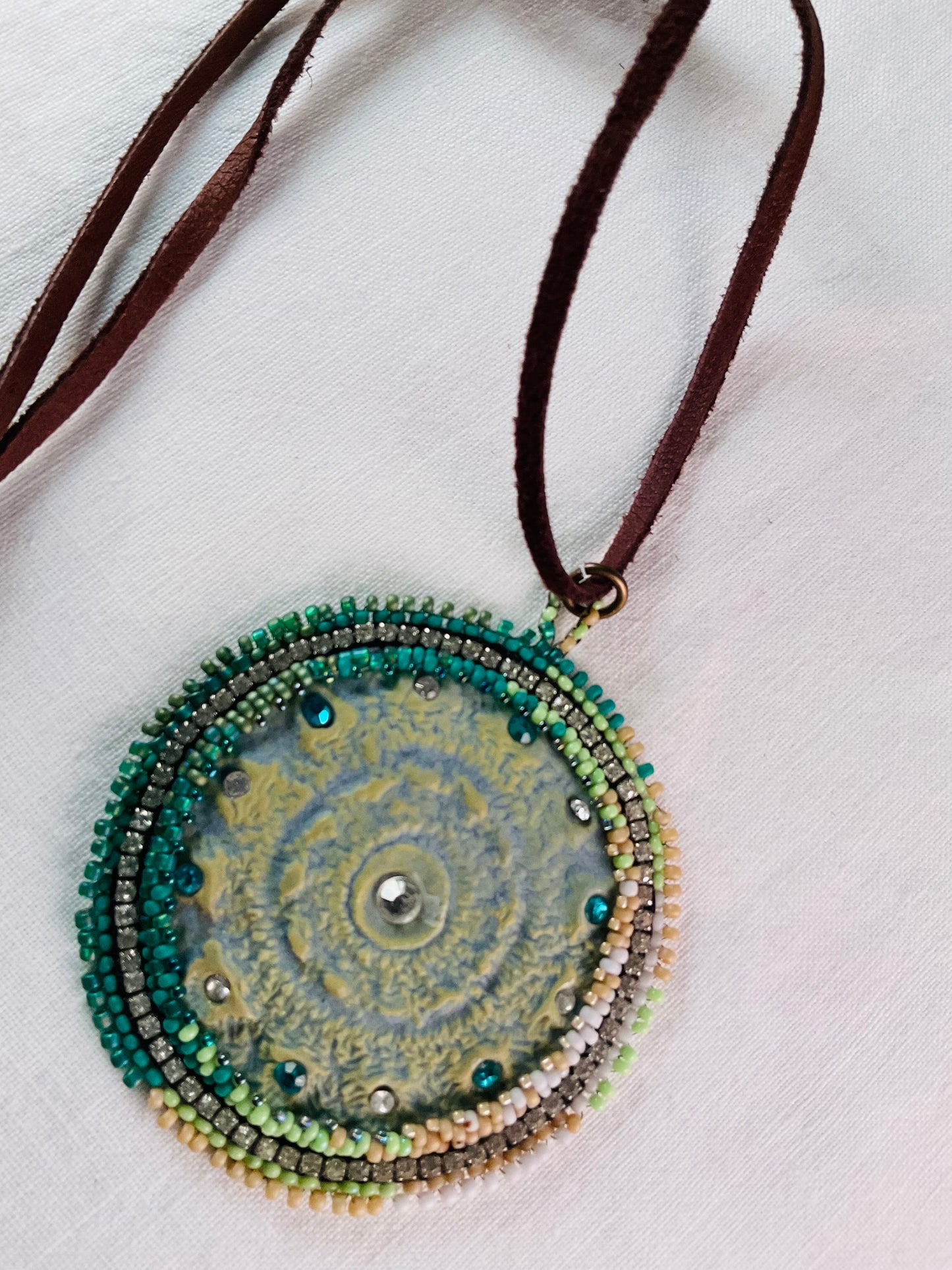 Pendant - Raku Bead Embroidered