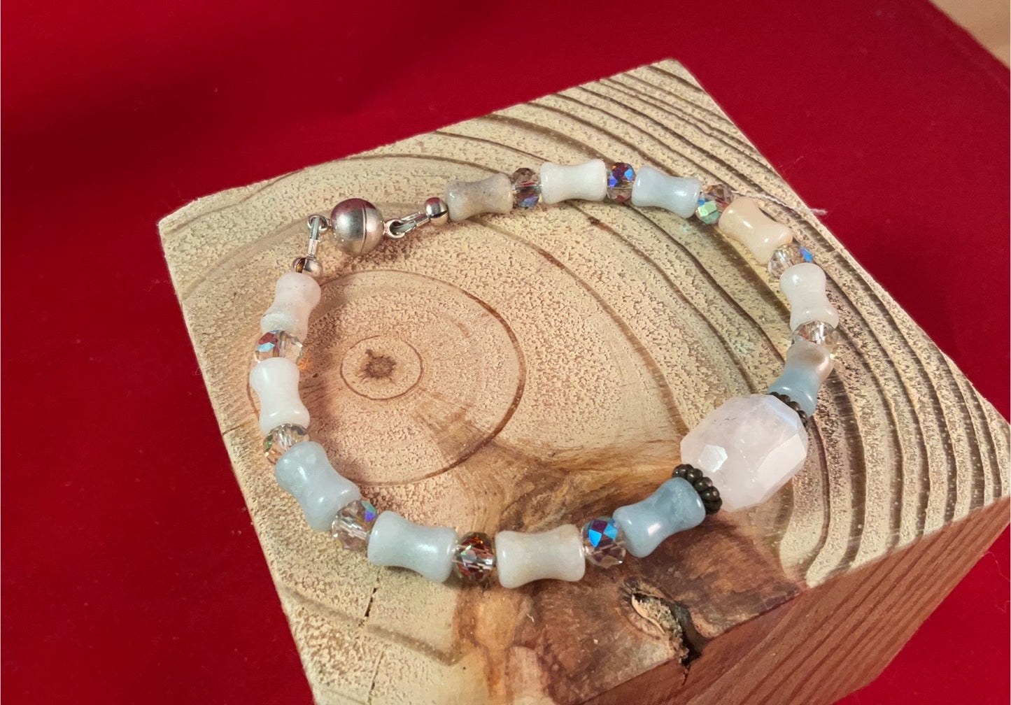 Blush Quartz & Bone Bead Bracelet with Austrian Crystal Sparkle – Soft Boho Luxe | 8” Fit