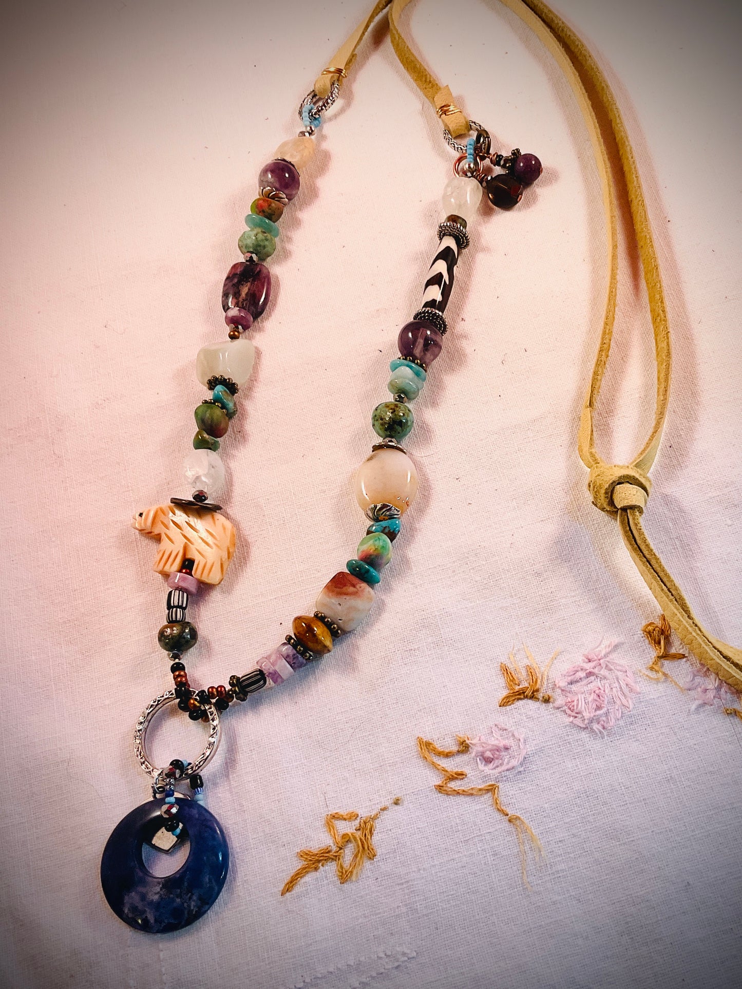 Spirit Bear on Deerskin Necklace