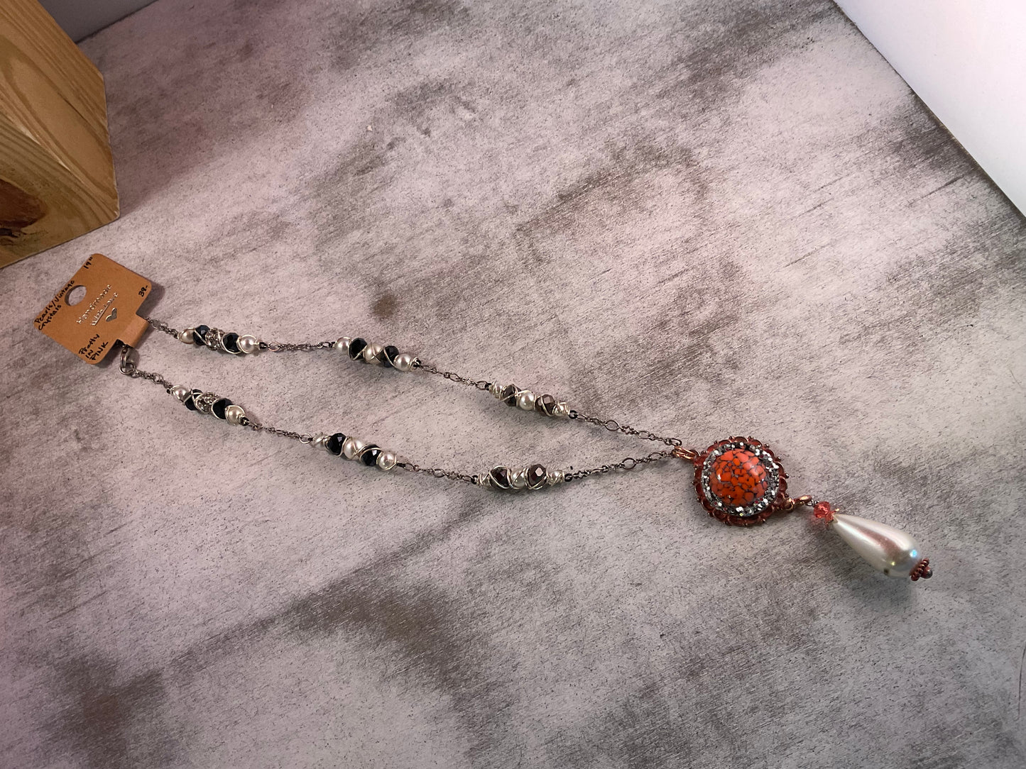 Ember & Pearl Wire-Wrapped Necklace – Orange Stone Pendant with Crystal, Pearl & Statement Drop
