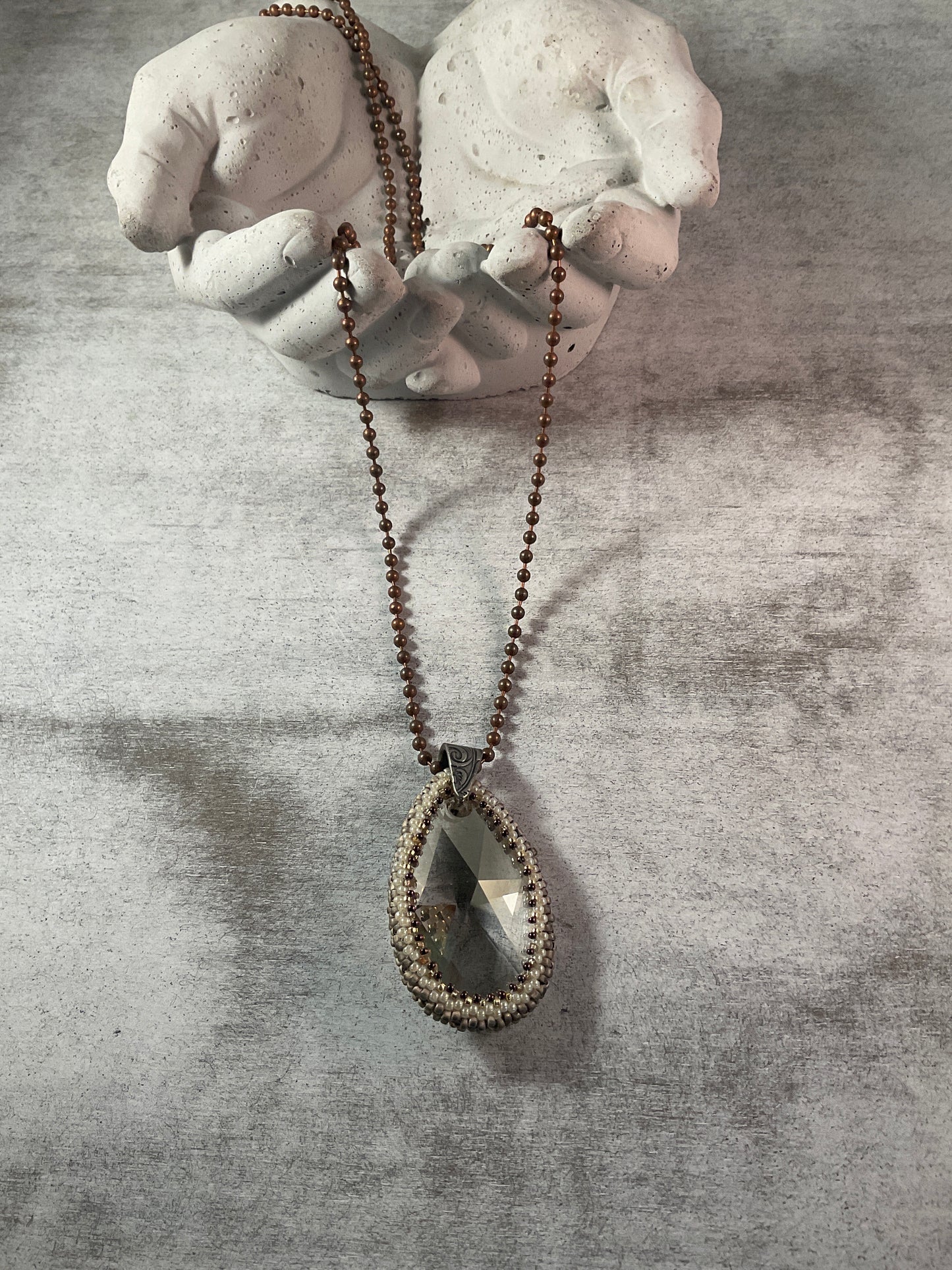 Luminous Drop Crystal Pendant Necklace – Bead Embroidered Statement on Long Ball Chain