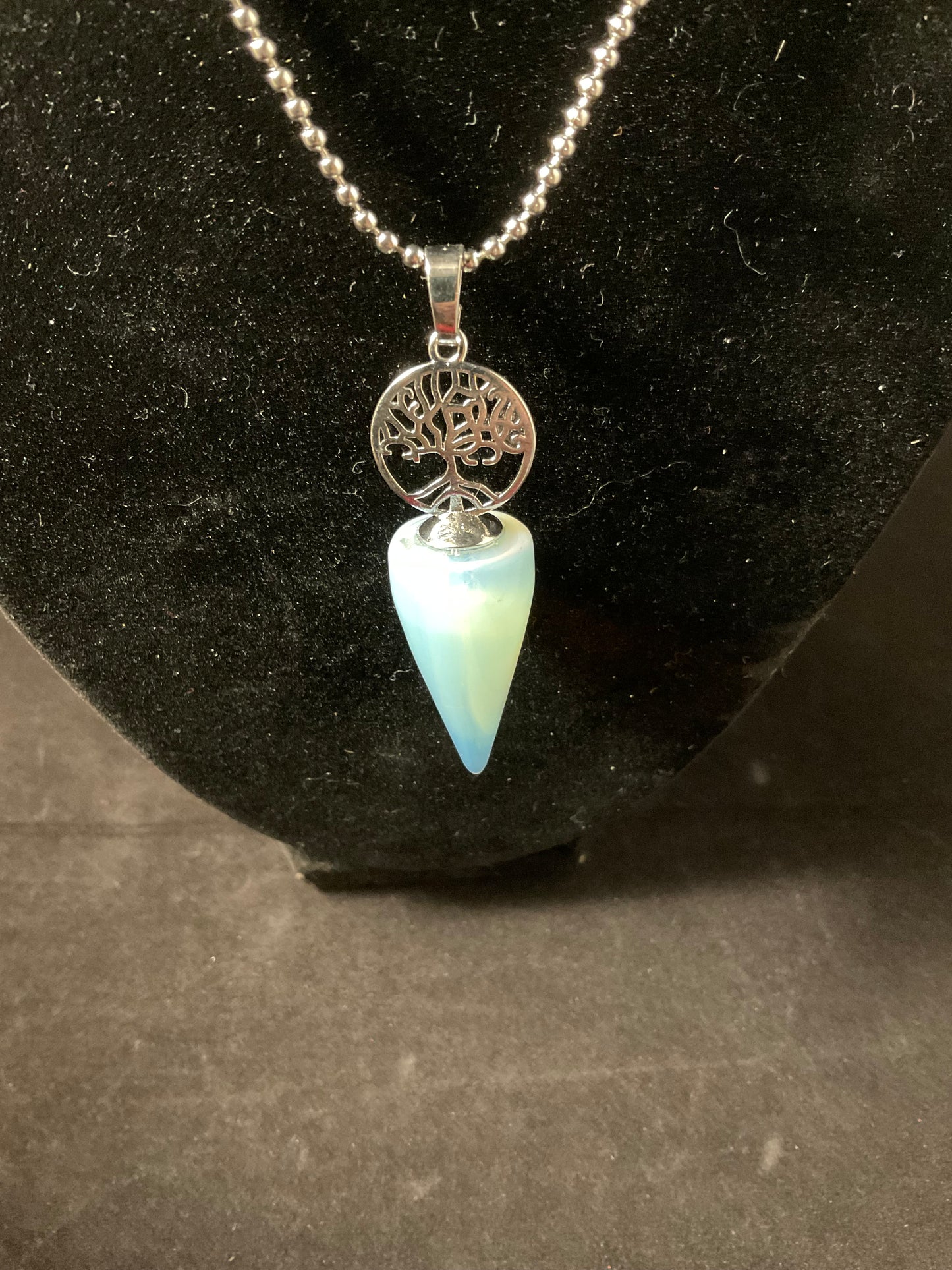 Moonstone Glow Tree of Life Necklace – Opalescent Crystal Pendant on Silver Ball Chain