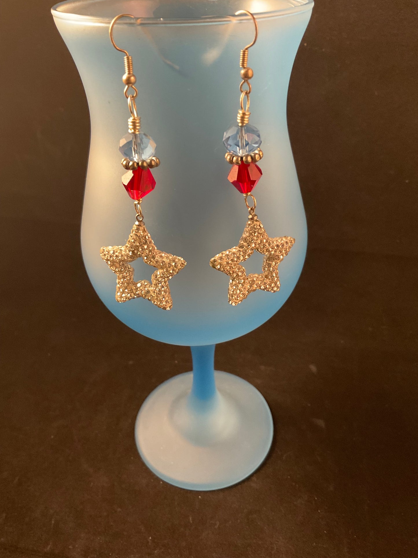 Patriotic Crystal Star Dangle Earrings Red Clear Crystal Gold Tone Earrings Handmade Jewelry