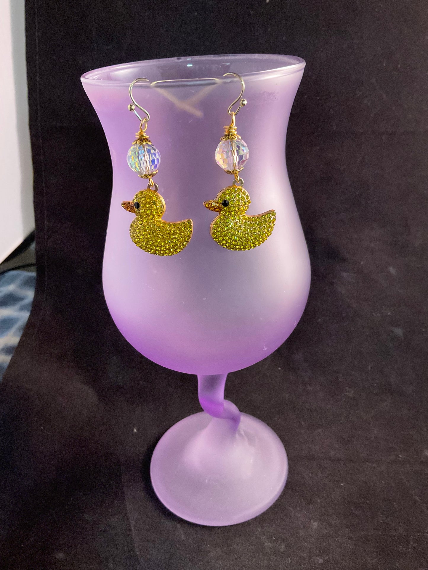 Pavé Rhinestone Duck Earrings with Vintage Crystal Beads Gold Tone Dangle Earrings