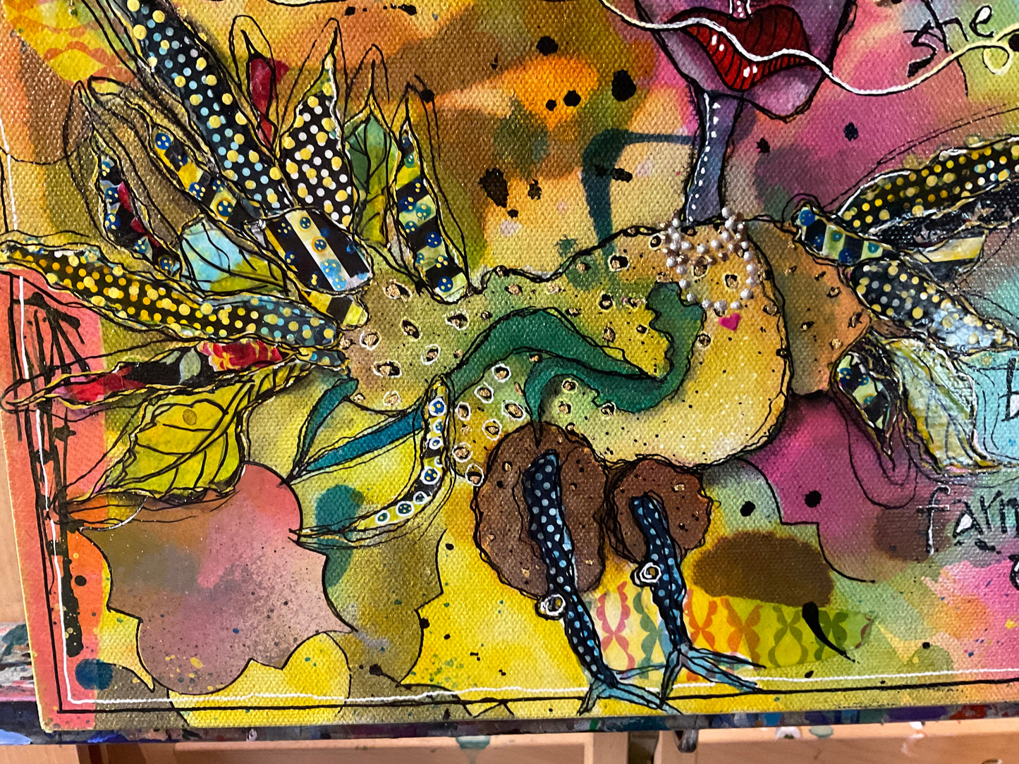 11x14 Mixed Media Canvas Art | Madame D’Tendere Bird Woman Painting | Original Folk Art Wall Decor
