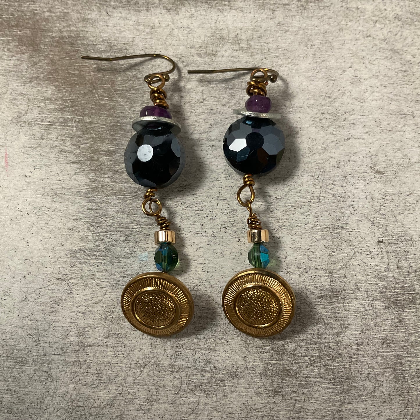 Handmade Mixed Metal Earrings with Vintage Brass Buttons & Faceted Crystal Beads