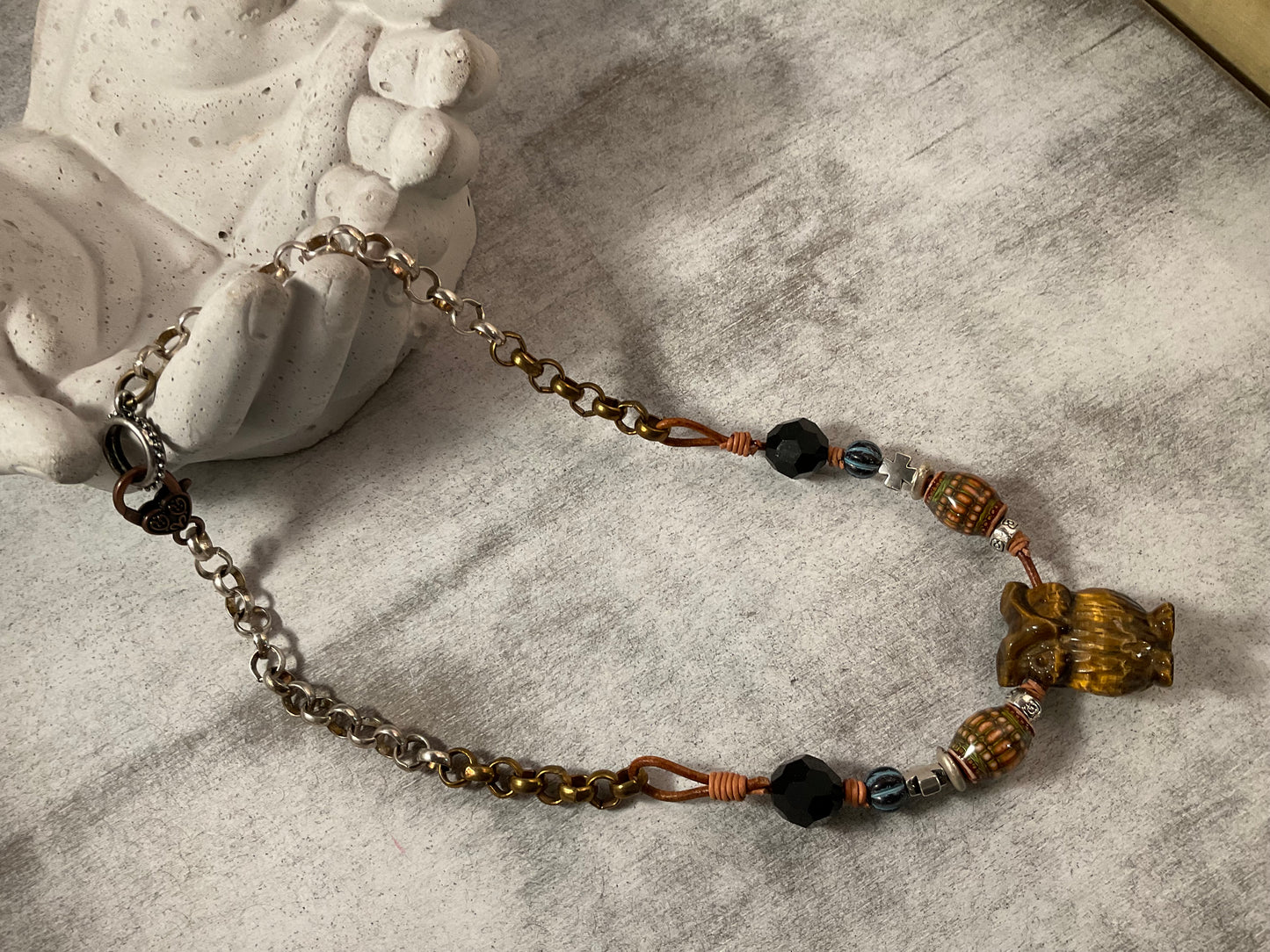 Tiger Eye Owl Pendant Necklace | Handmade Leather, Mixed Metal & Artisan Beads | 18”