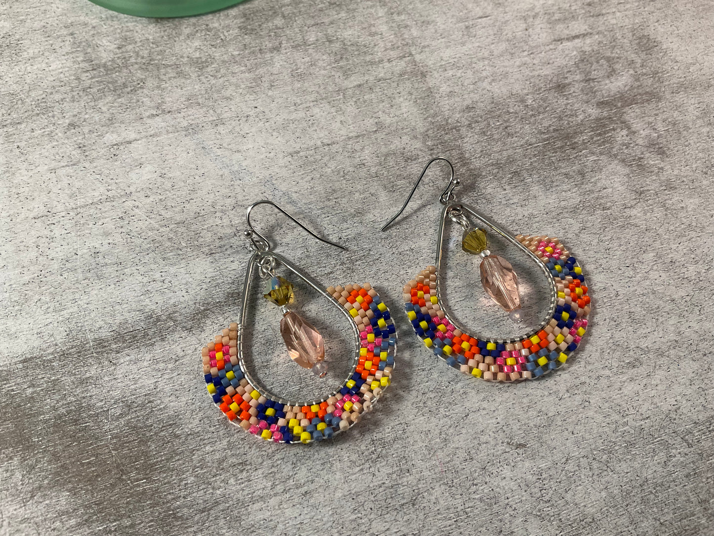 Colorful Hand Beaded Hoop Earrings with Swarovski Crystal Drops | Artisan Delica Seed Bead Jewelry