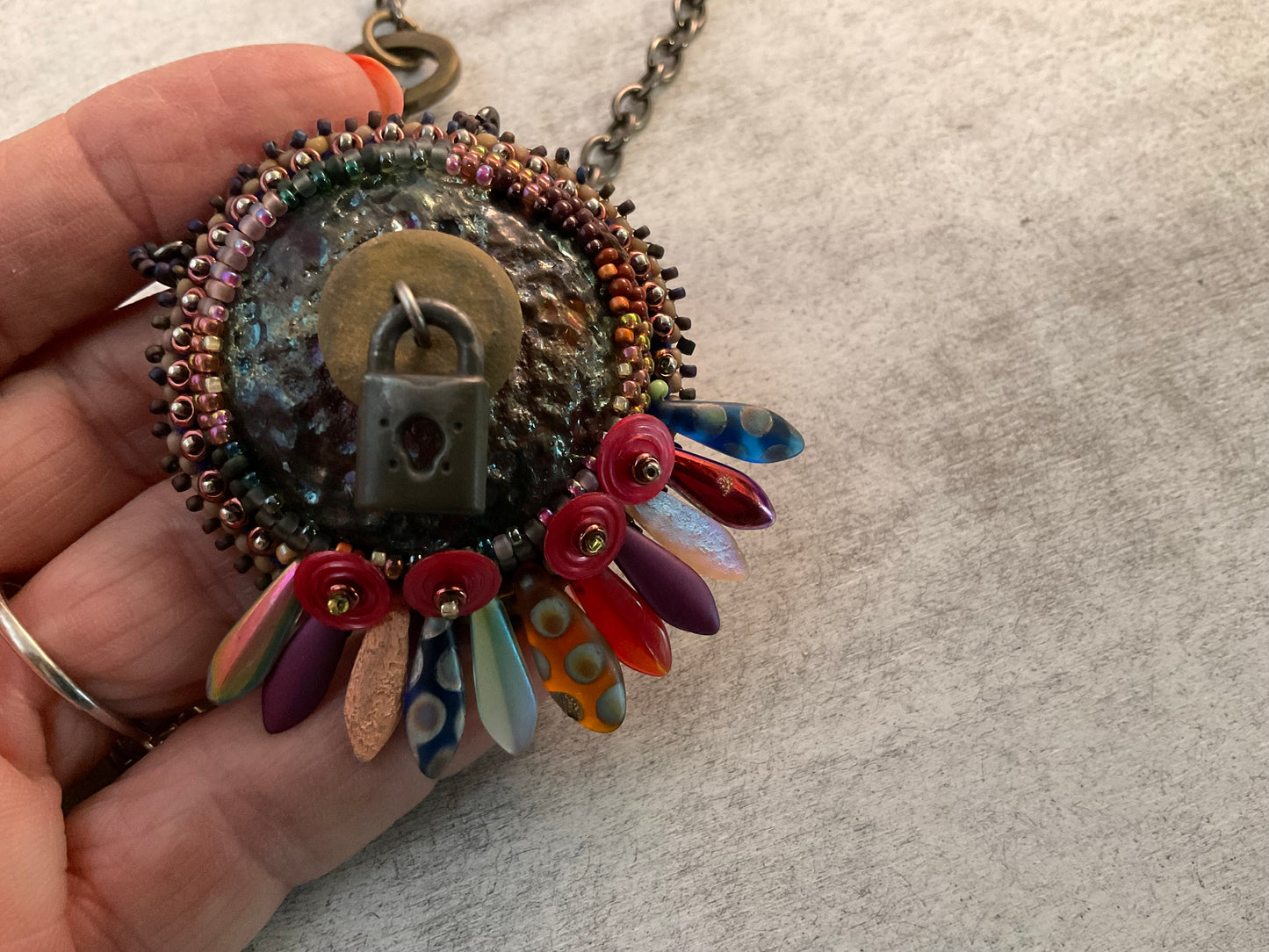 Keeper of the Secrets Handmade Necklace | Raku Clay Dagger Beads, Skeleton Keys & Padlock