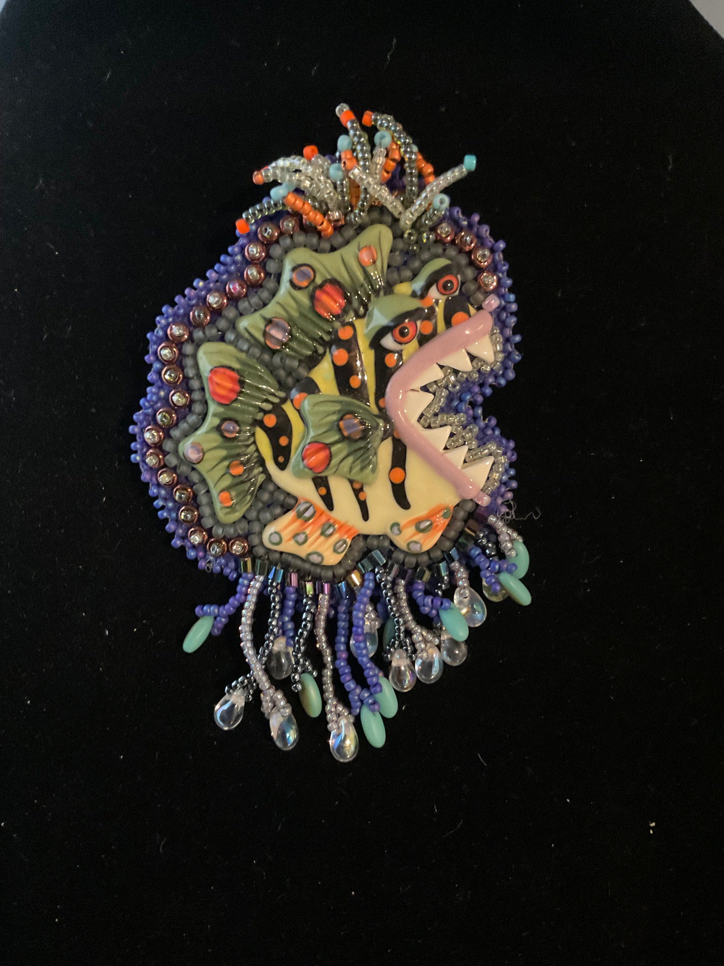 Handmade Ceramic Fish Brooch | Bead Embroidered Artisan Pin with Leather Back