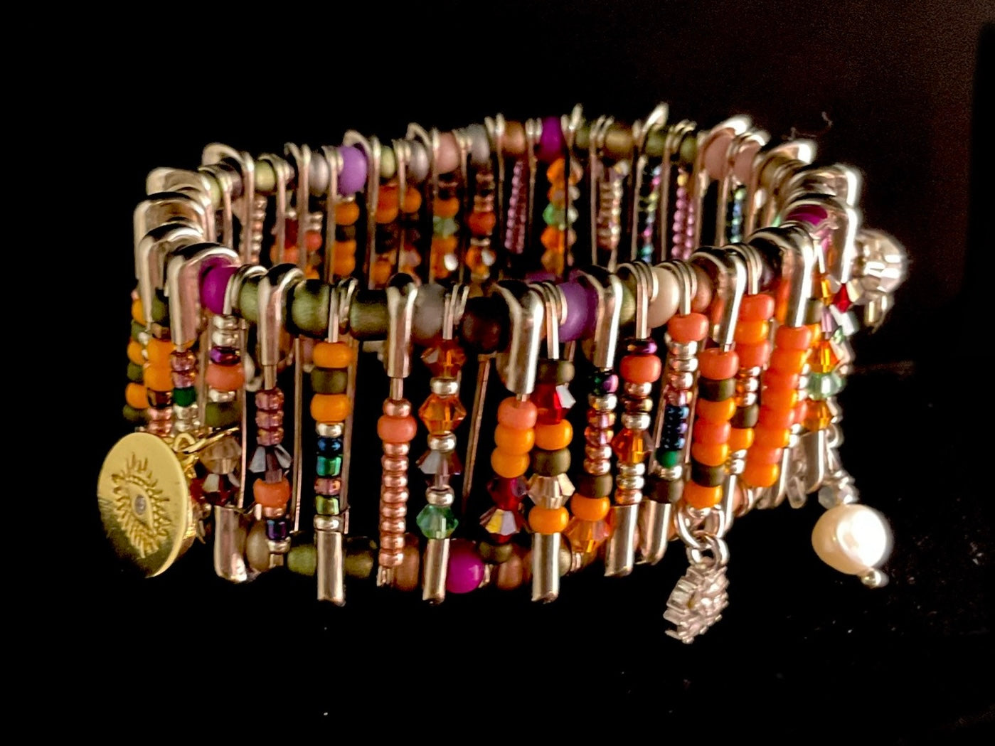 Sparkling Multi-colored Safety Pin Charm Bracelet