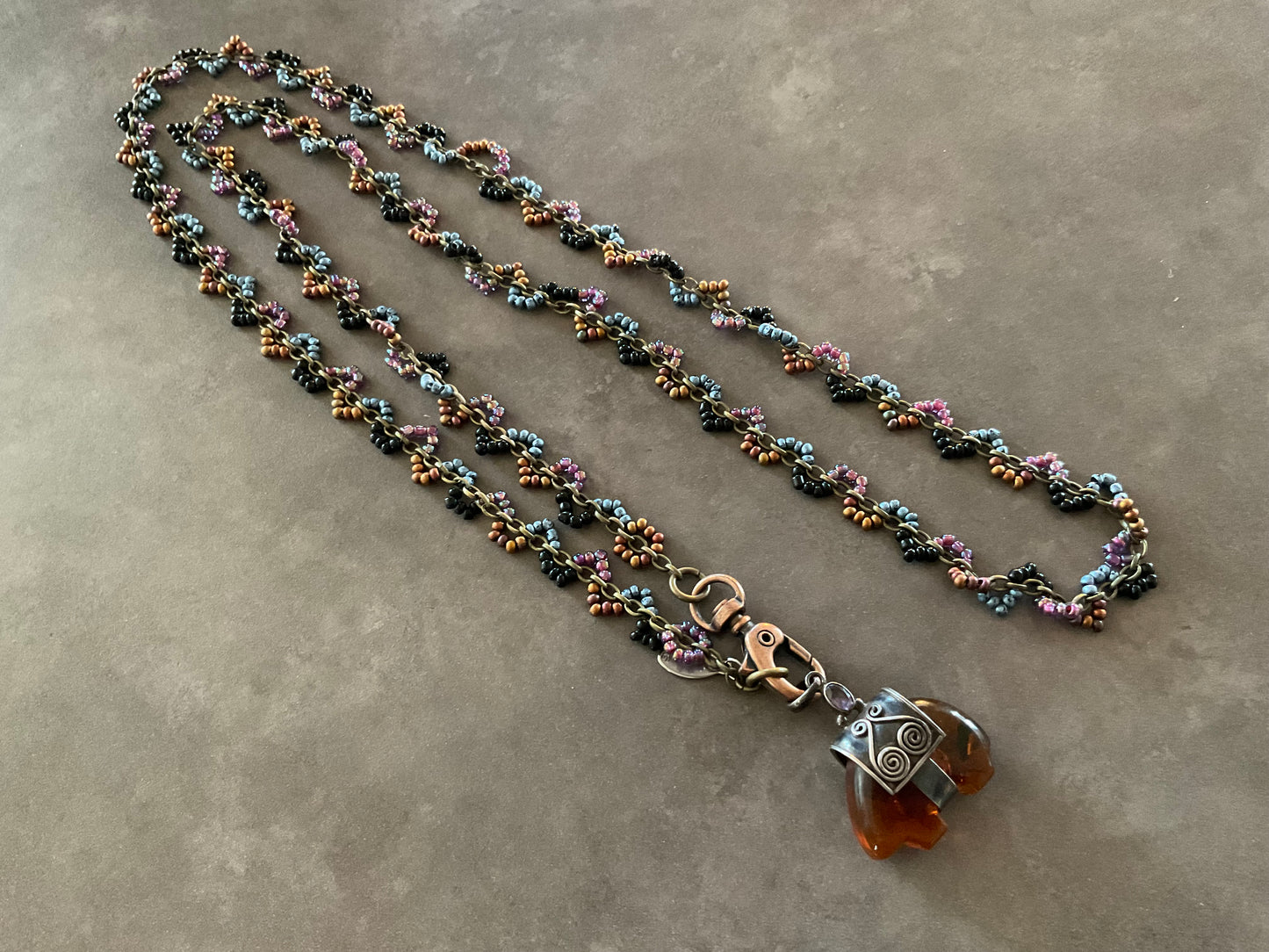 Necklace - Amber Bear and Fancy Beaded Chain