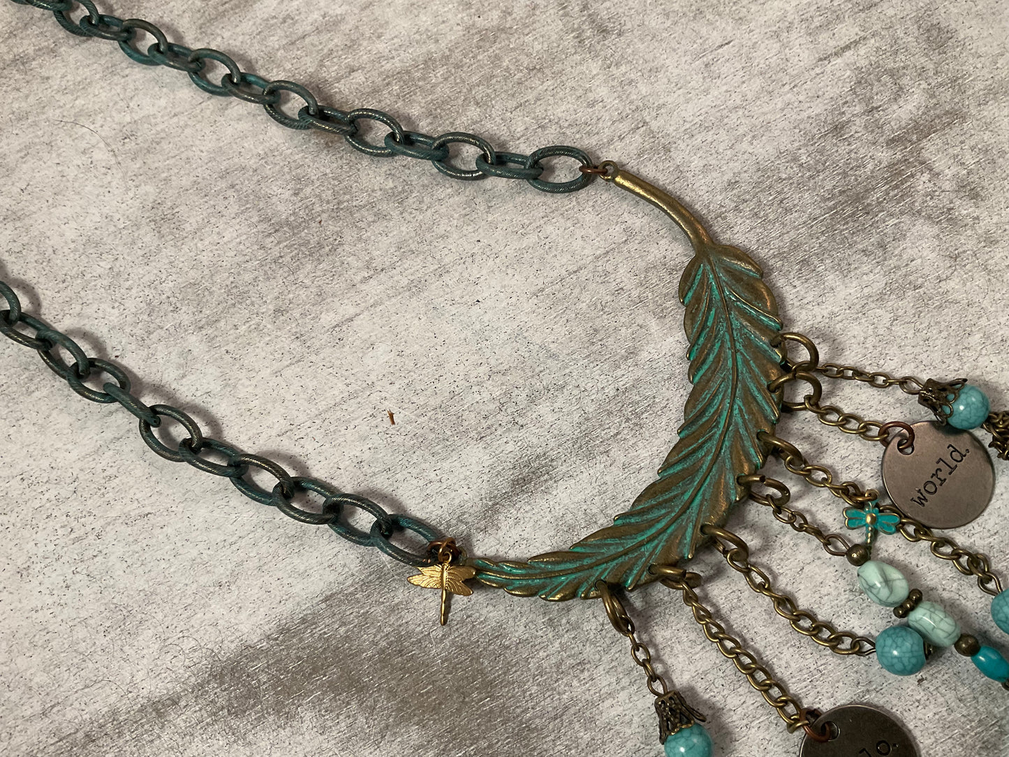 Boho Dragonfly Feather Necklace with Jasper & Antique Brass