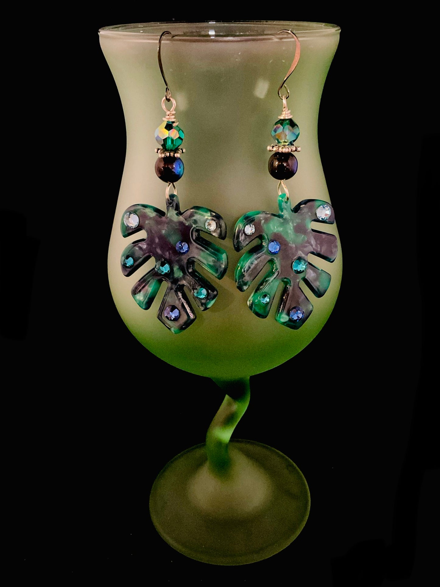 Monstera Leaf and Austrian Crystal Earrings