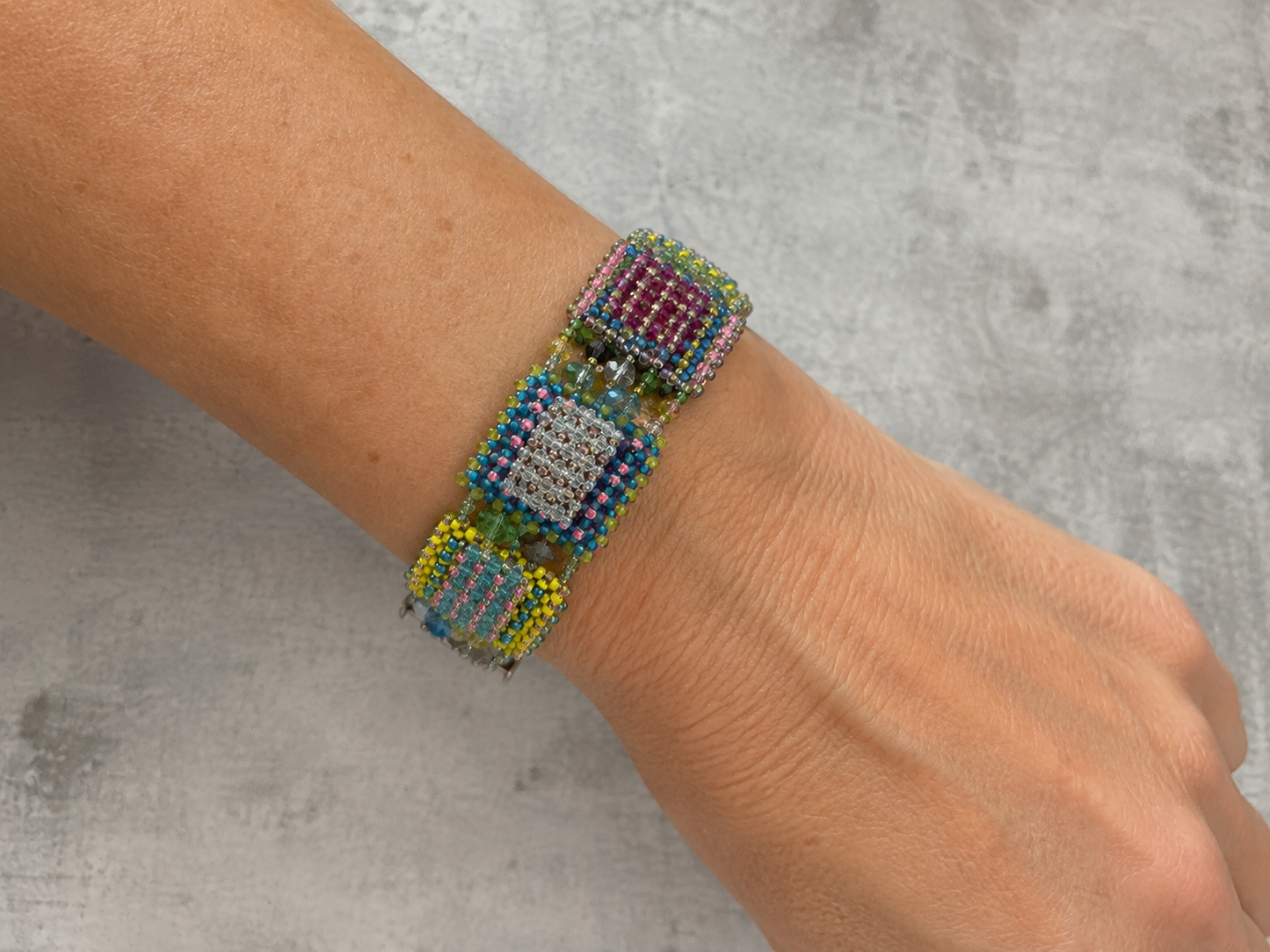 Hand Beaded Right Angle Weave Bracelet with Crystal Squares – Multicolor Statement Bracelet