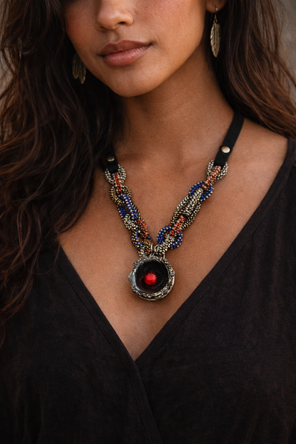 Raku Flame Statement Necklace – Hand Beaded Chain with Austrian Premium Crystal & Suede Straps