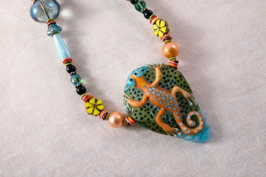 Tropical Gecko Dream - Artisan Blown Glass Beaded Necklace