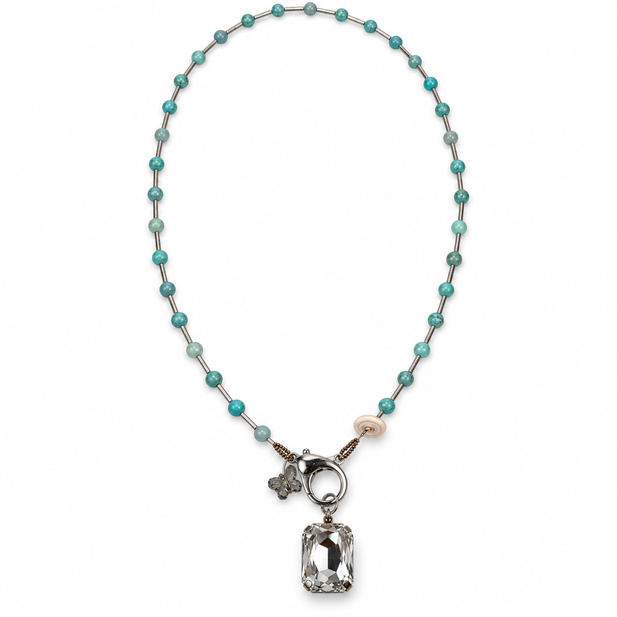 32-Inch Turquoise Jasper Necklace with Seashell, Swarovski Butterfly & Removable Rhinestone Pendant