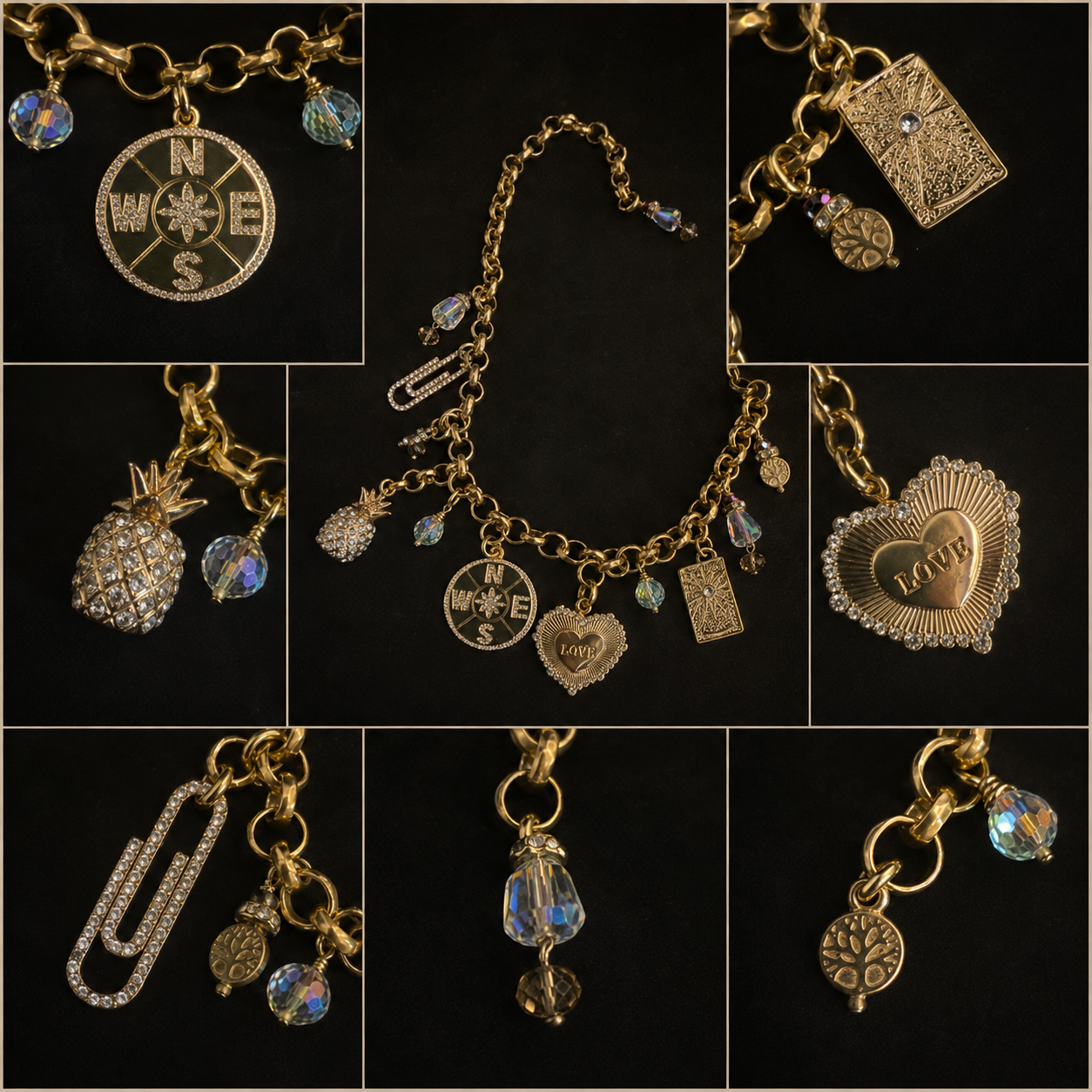 Golden Compass Charm Necklace – Gold Plated Statement Chain with Crystal Accents