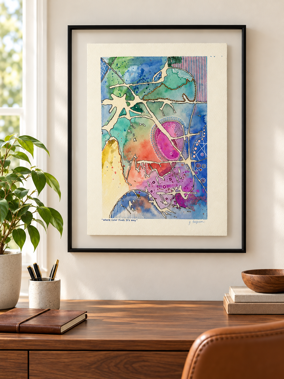 Where Color Finds It's Way - Original Watercolor & Pen Painting, 14" x 19" framed