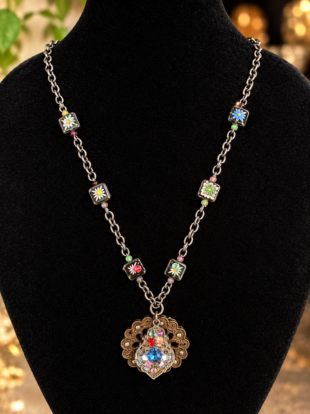 Swarovski Crystal Evil Eye Long Statement Necklace – Antique Bronze Mixed Metal Jewelry