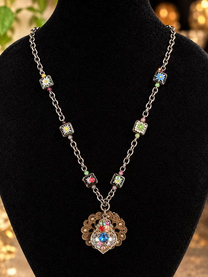 Swarovski Crystal Evil Eye Long Statement Necklace – Antique Bronze Mixed Metal Jewelry