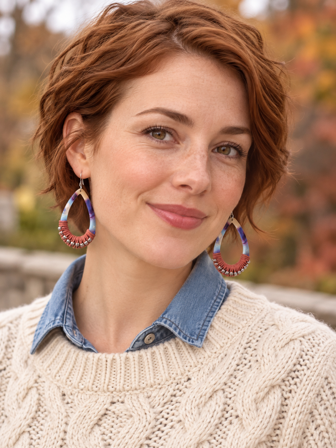Marbled Resin, Leather and Silver Bead Drop Earrings