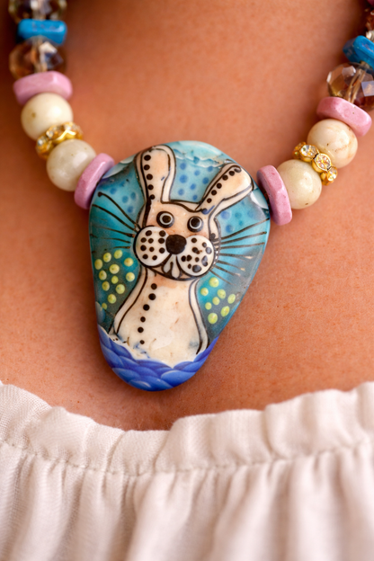 “Double-Sided Bunny Glass Pendant Necklace – Jasper & Austrian Crystal, Artisan 16” Necklace”