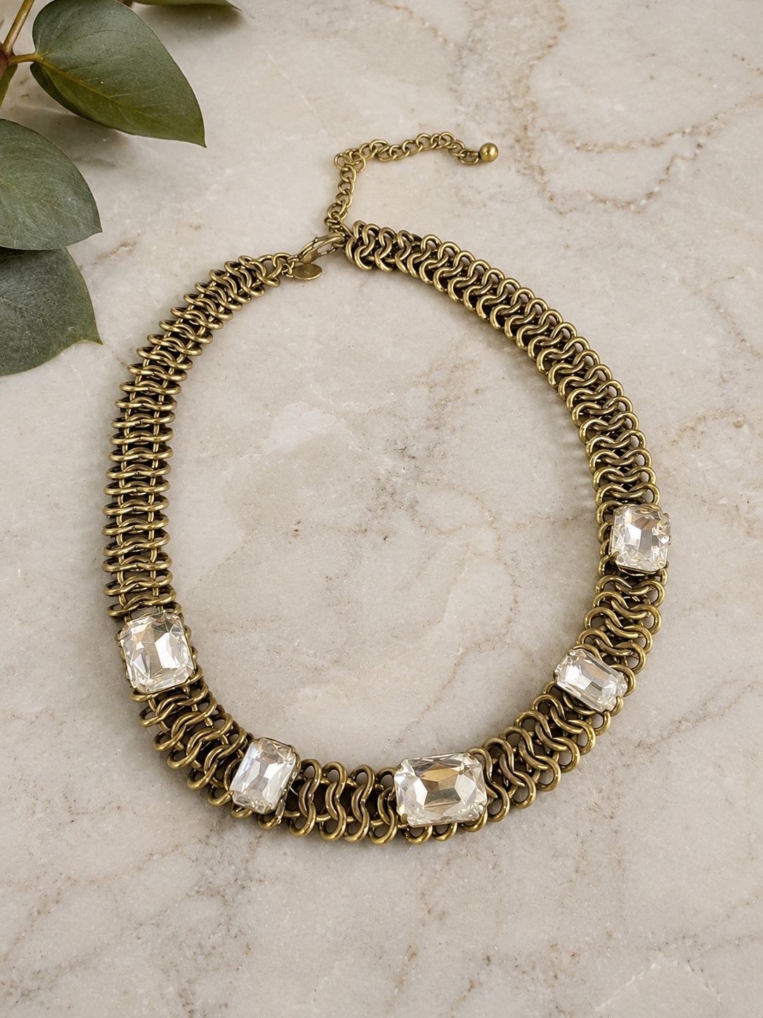Vintage Gold Tone Chain Necklace with Emerald Cut Crystal Rhinestones – Adjustable 18–20 Inch