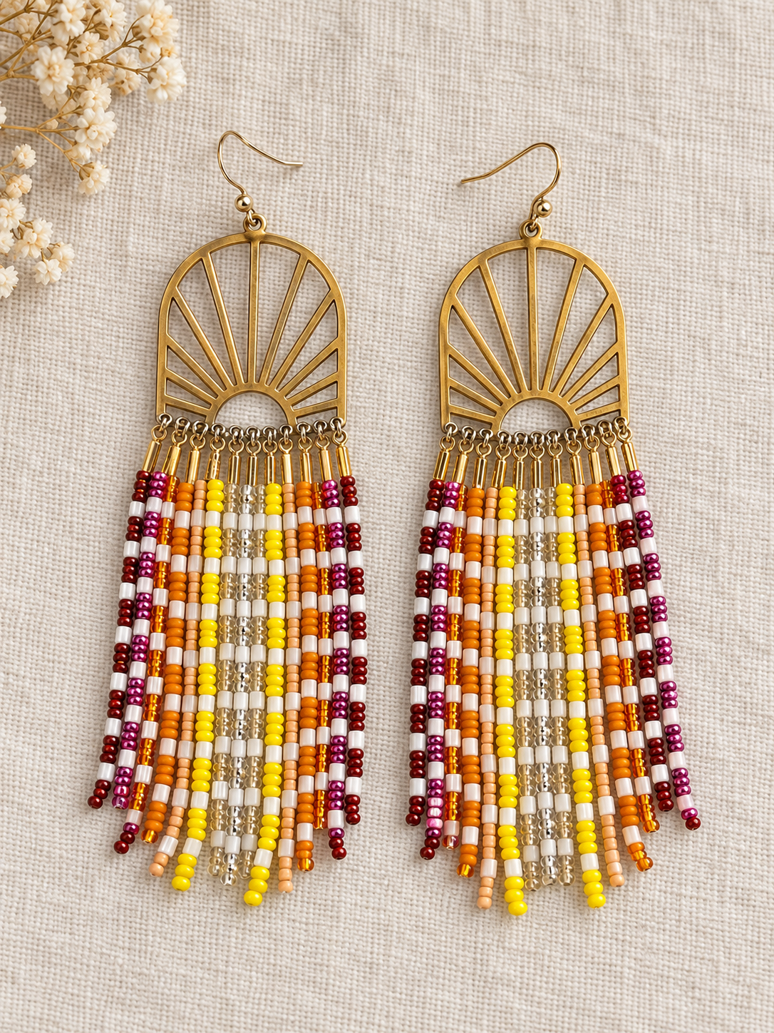 Hand-Beaded Brass Sunray Fringe Earrings – 3 Inch