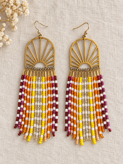 Hand-Beaded Brass Sunray Fringe Earrings – 3 Inch