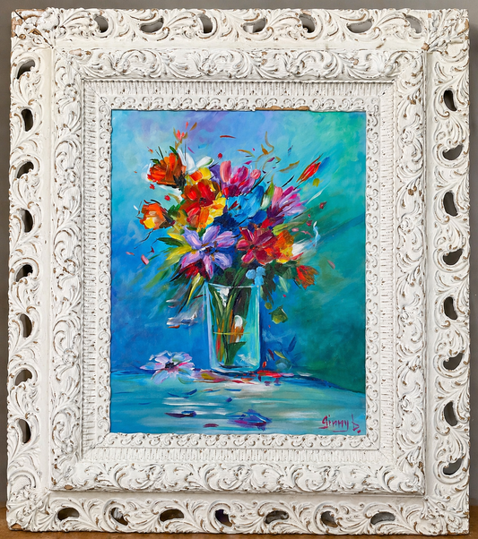 Where Color Falls – Acrylic Floral Painting in Antique Frame