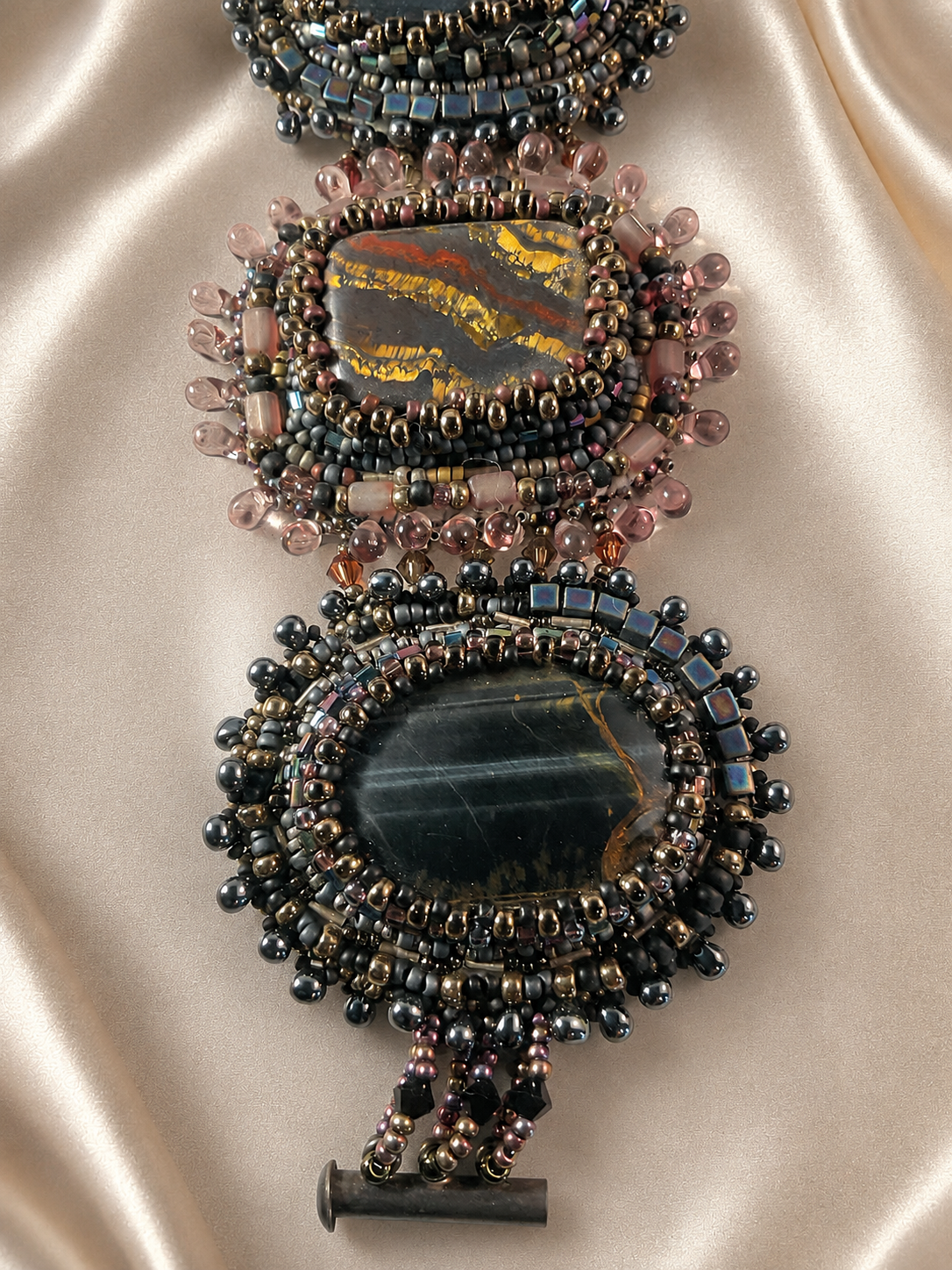 Hand-Beaded Stone Bracelet with Suede Backing – 7½ Inch