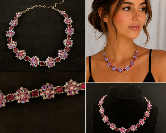 Vintage Red Rhinestone and Purple Aurora Borealis Floral Necklace