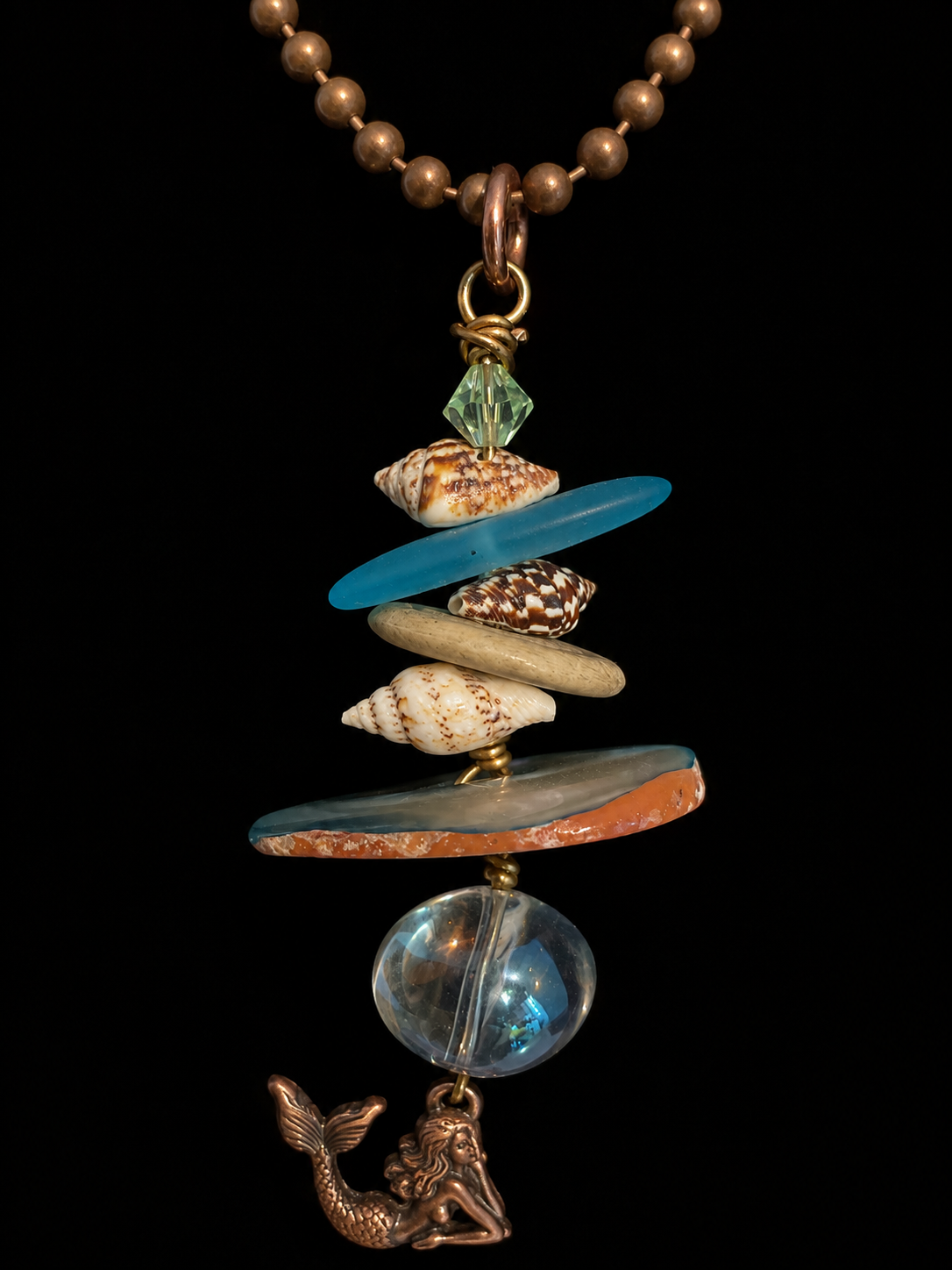 Copper Mermaid Necklace with Real Seashells, Beach Glass & Abalone – 30” Adjustable