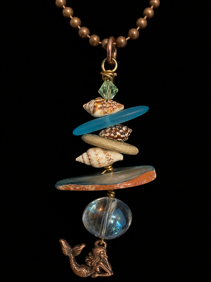 Copper Mermaid Necklace with Real Seashells, Beach Glass & Abalone – 30” Adjustable