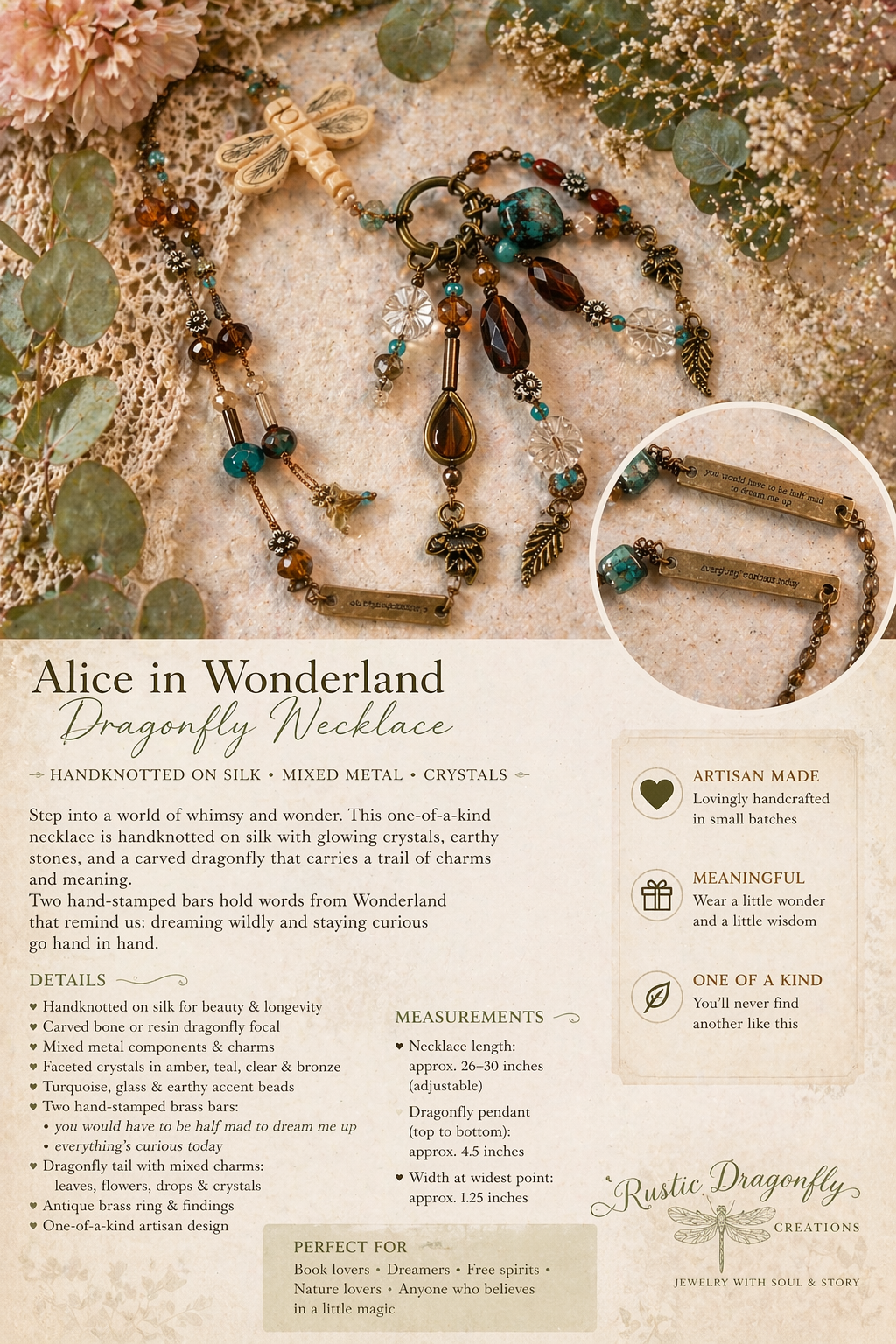 Alice in Wonderland Dragonfly Necklace – Handknotted Silk, Crystal & Mixed Metal Charm Necklace