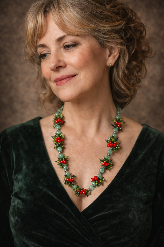 Vintage Holly Glass Necklace – 20” Hand Restrung with Pyrite & Green Glass Beads