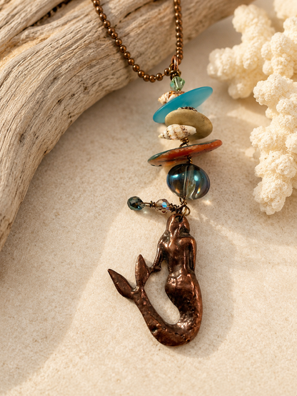 Copper Mermaid Necklace with Real Seashells, Beach Glass & Abalone – 30” Adjustable