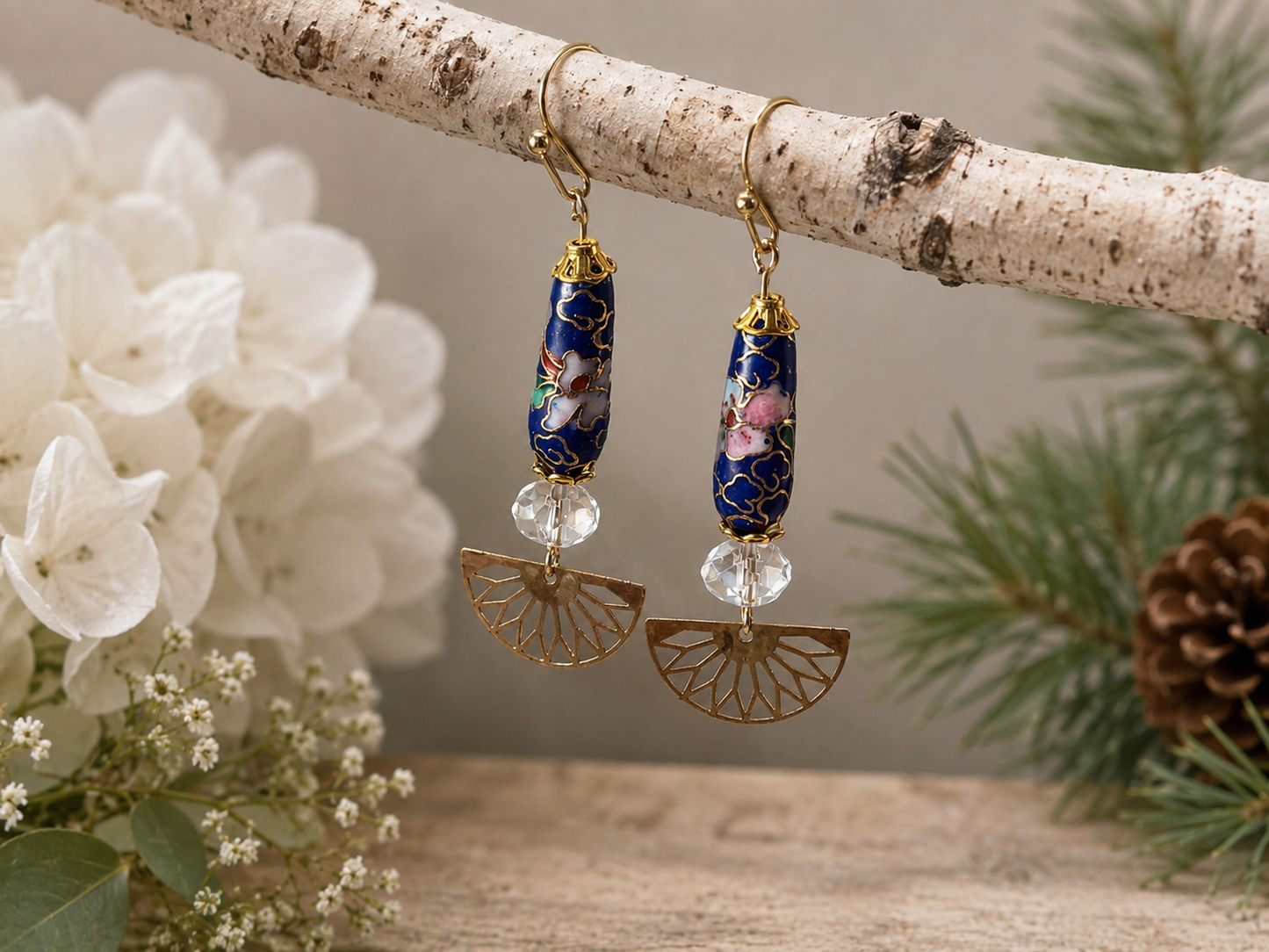 Handmade Cloisonné Earrings with Crystal Quartz Beads & Gold Fan Charms
