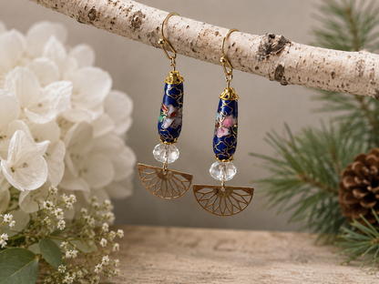 Handmade Cloisonné Earrings with Crystal Quartz Beads & Gold Fan Charms