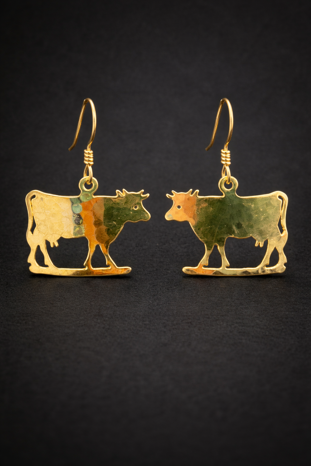 Golden Prairie Cow Earrings  Pounded Gold Western Dangle Cuties