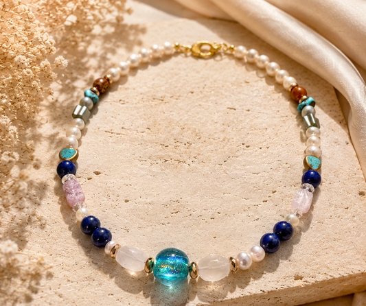 Handmade Ocean Blue Glass Necklace with Lapis, Quartz, Pearls & Abalone Shell | Artisan Jewelry