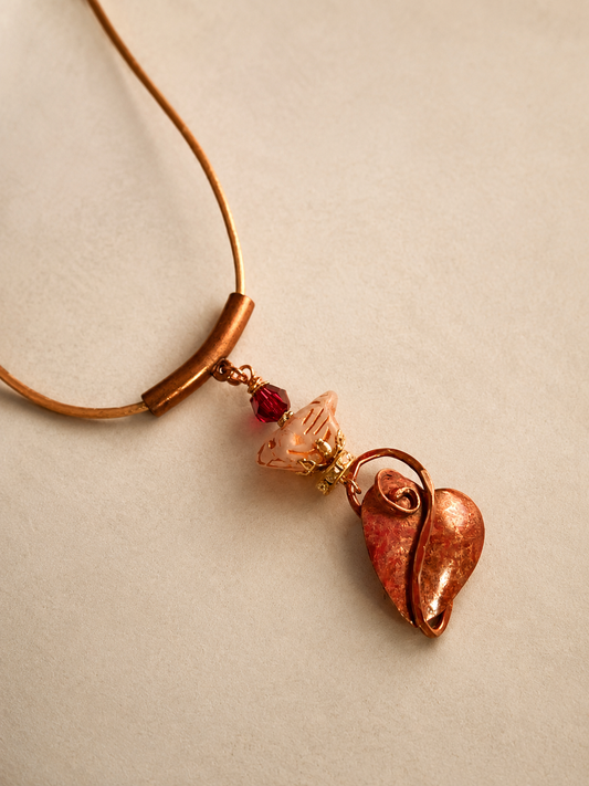 Adjustable Gold Leather Necklace with Copper Heart Pendant, Bird Glass Bead & Crystal Accent