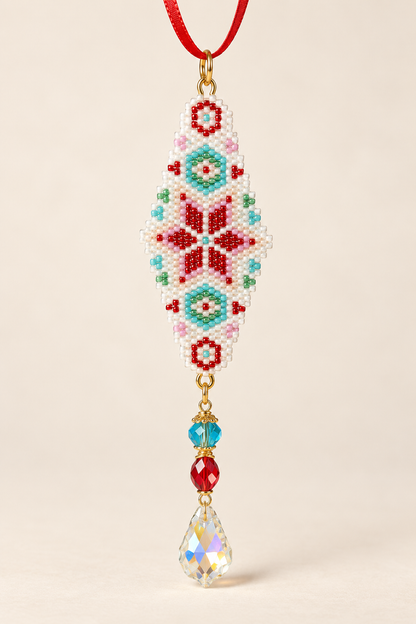 Hand-Beaded Holiday Ornament with Crystal Drop